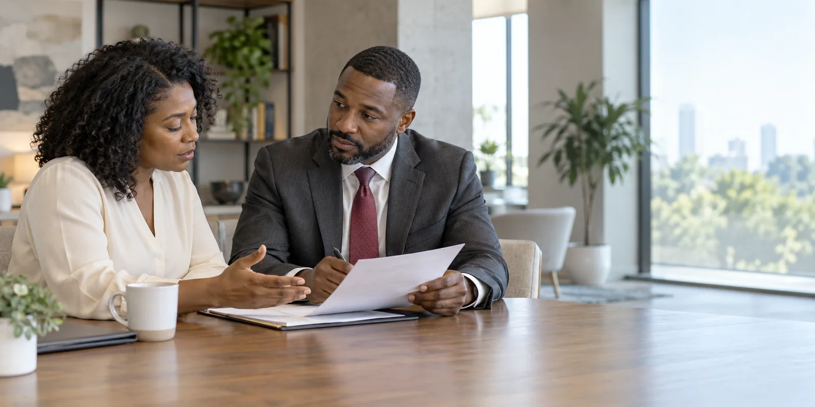 Fictional attorney and client reviewing a document together