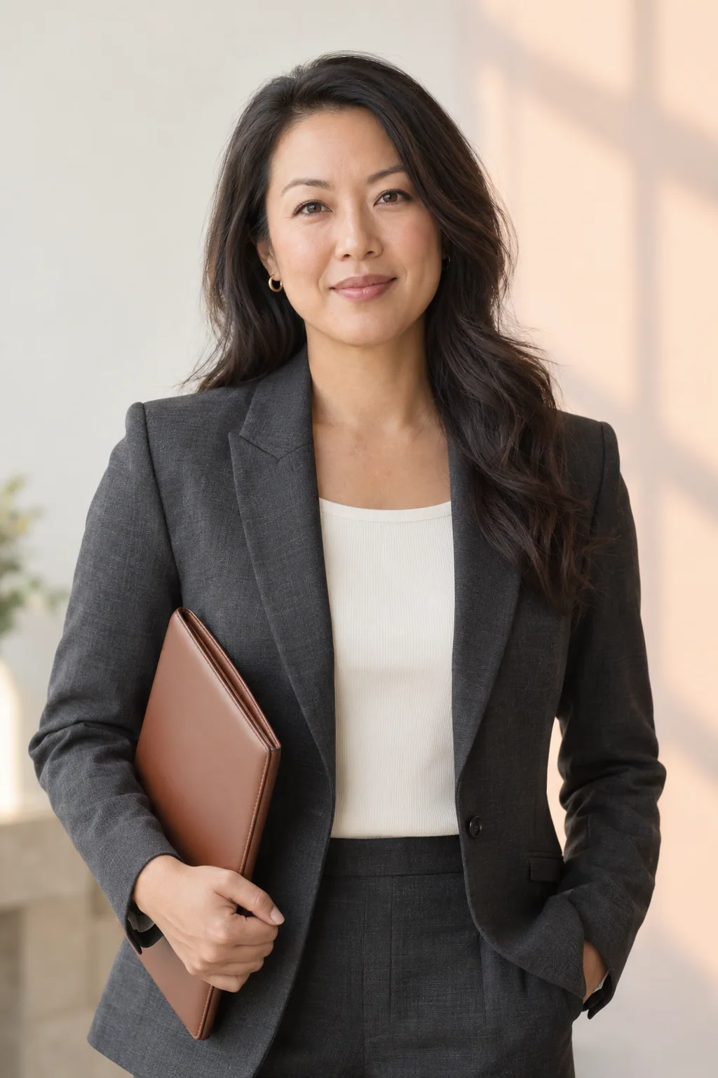 Portrait of a fictional attorney in a charcoal blazer