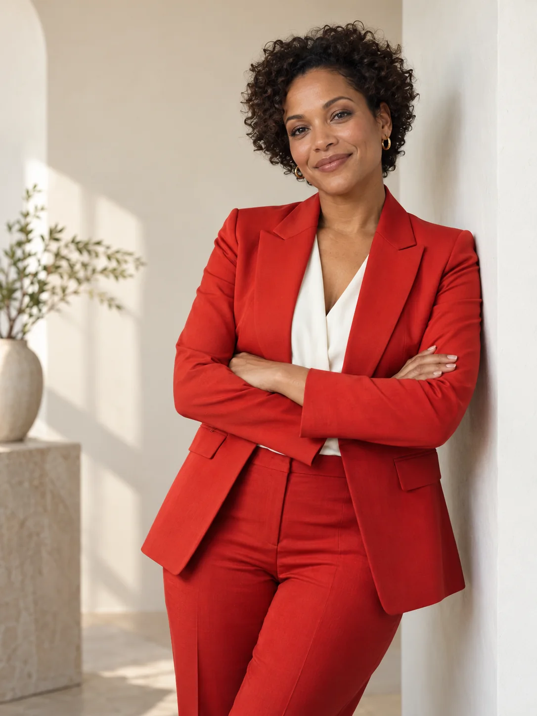 Portrait of a fictional attorney in a vivid red suit